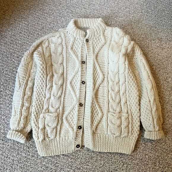 Sweaterman Unisex 100% Wool Cardigan Size XL Cable Knit Chunky Pockets Fisherman - Picture 1 of 11